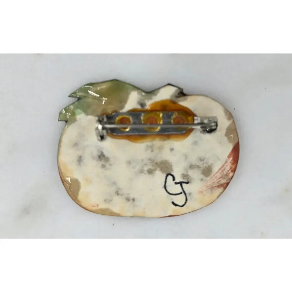 Handmade‎ Paper Mache Pumpkin Brooch - Signed CJ